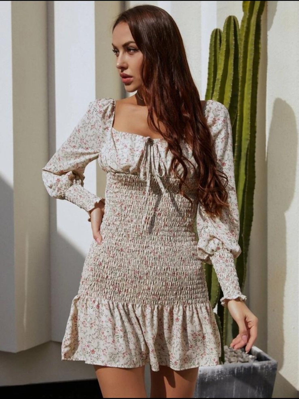 SHEIN Cream Floral Smocked Mini Dress with Long Puff Sleeves
